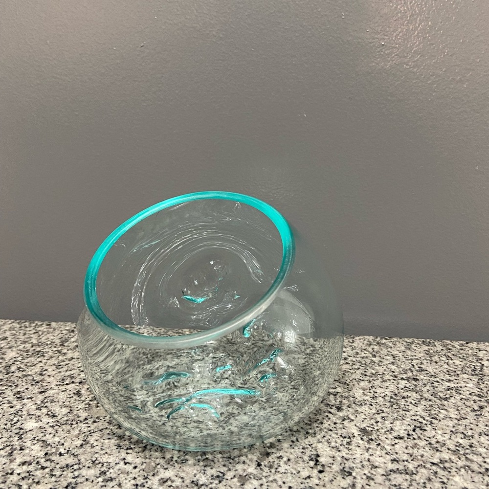 Modern Blown Glass Terrarium Bowl Sculpture Succulents Teal Tint Organic Form
